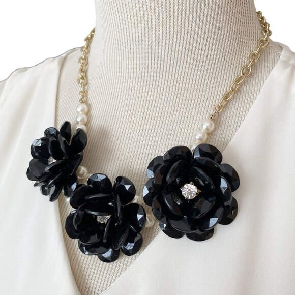 Black Lucite Rose Bib Statement Necklace with Rhinestones Adjustable Length - Picture 2 of 5